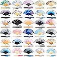 30 Pcs Floral Hand Fan Chinese Vintage Style Folding Fan Silk Handheld Fan Foldable Bamboo Framed Foldable Fan Fabric Silk Fans with Elegant Tassel Decorative Folding Fans for Women Wedding Party