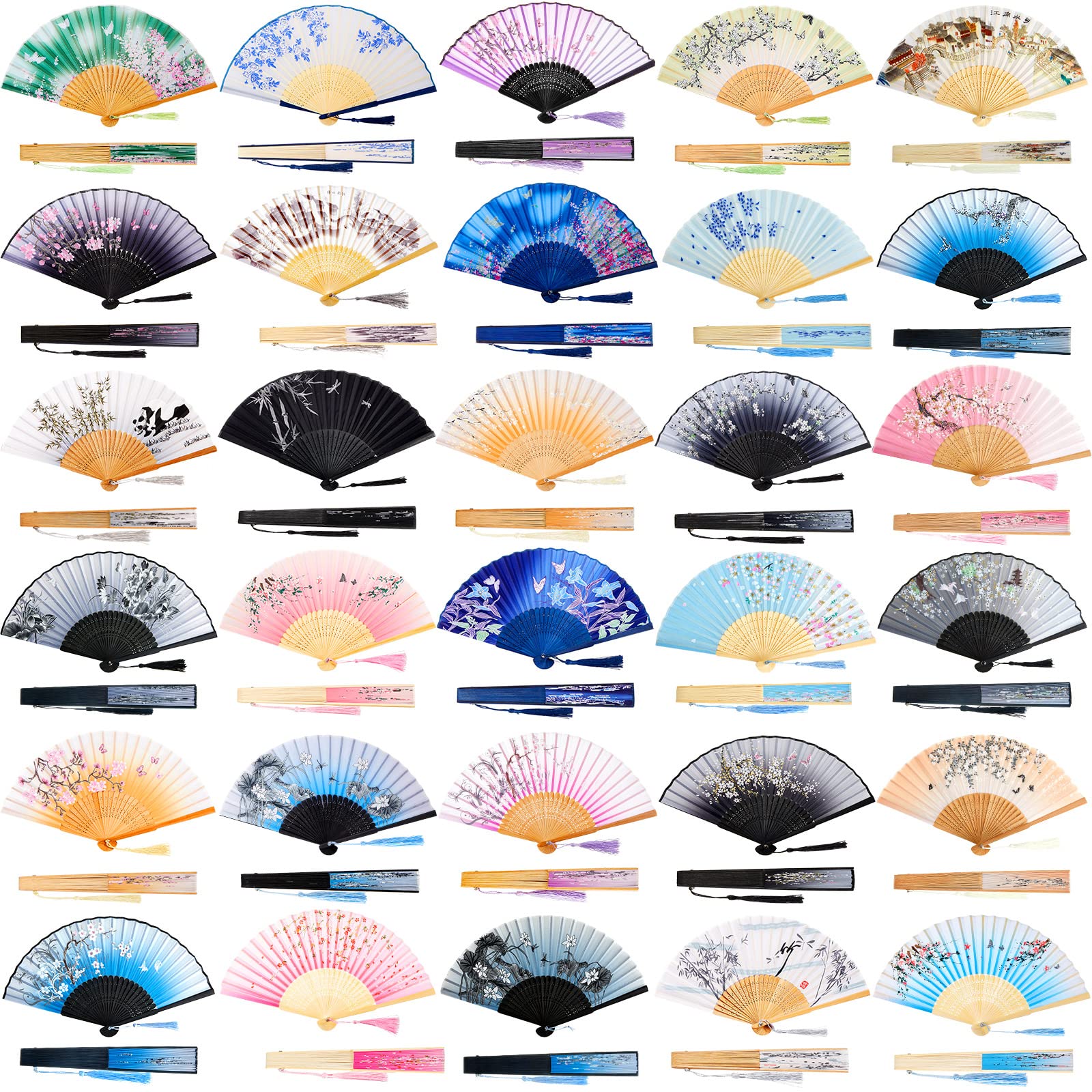 Photo 1 of 30 Pcs Floral Hand Fan Chinese Vintage Style Folding Fan Silk Handheld Fan Foldable Bamboo Framed Foldable Fan Fabric Silk Fans with Elegant Tassel Decorative Folding Fans for Women Wedding Party