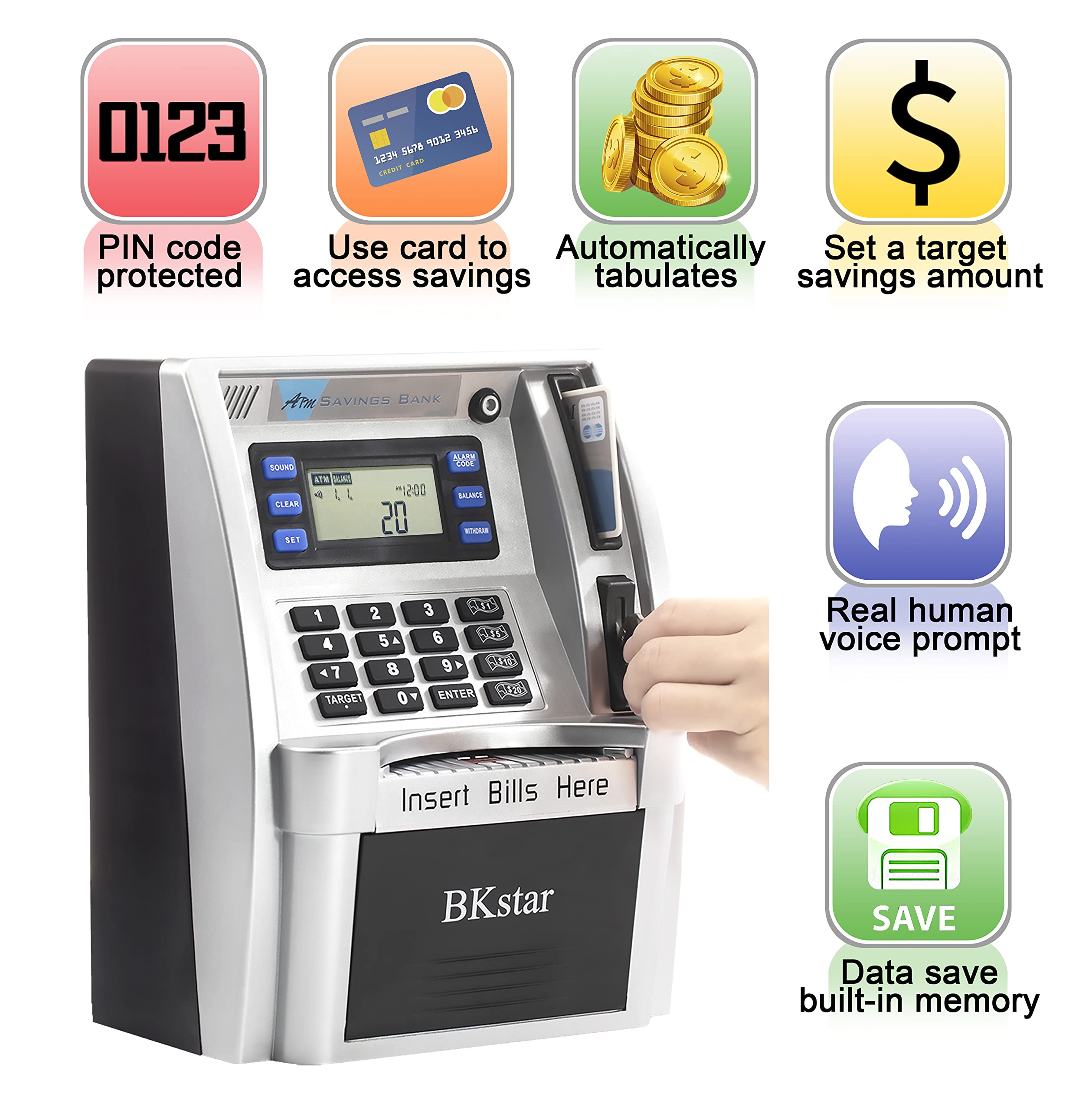 Kids Talking ATM Piggy Bank with Debit Cards, Power-Off Memory, Auto-Opening Drawer for Real Money for Boys, Onekey Shutdown, Bill Feeder, Coin Recognition, Balance Calculator Machine