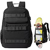 Skateboard Backpack, Large Skateboard Bag for Men and Women Laptop Bag with USB Port, for Skateboarding, College, Travel (Black)