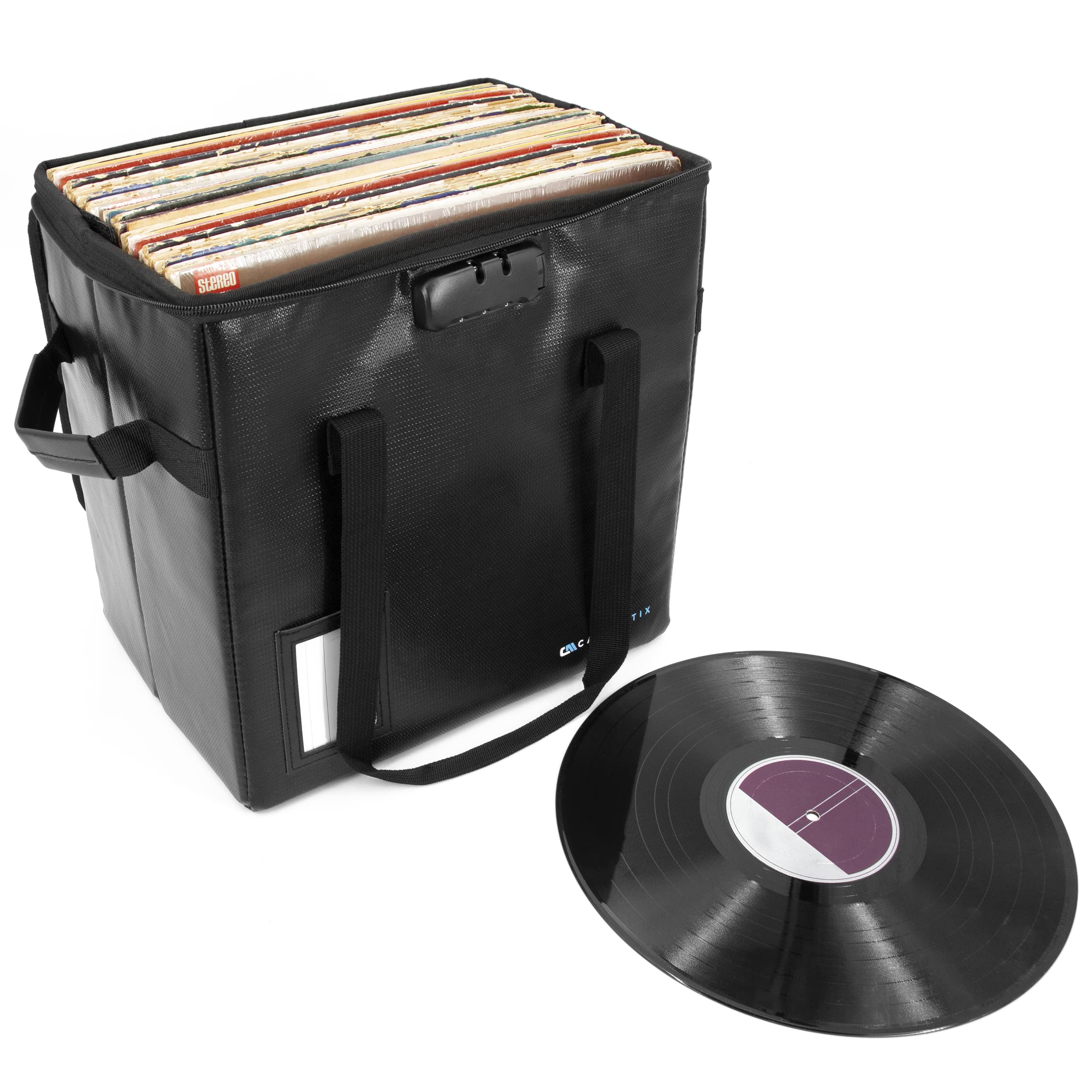 CASEMATIX Vinyl Record Case For Up To 40 Records - Fire Resistant Vinyl Record Storage Case with Programmable Combination Lock and Removable Divider, Folding Vinyl Box for Travel and Storage