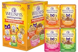 Wellness Appetizing Entrées Shredded & Mousse Adult Wet Cat Food, Natural, Protein-Rich, Grain Free, 1.4 Ounce Pouch, 8 Pack (Poultry Variety Pack)