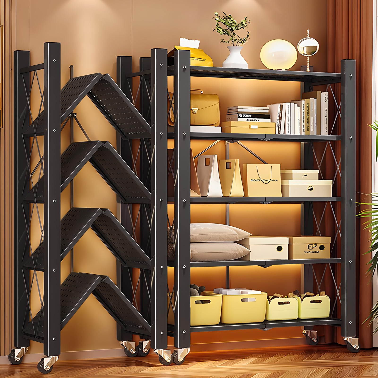 Photo 1 of 
JOYBOS 5 Tier Foldable Storage Shelves with Wheels, Heavy Duty Metal Storage Shelving Unit Rolling Cart, No Assembly Utility Shelf Rack Organization Shelves for Garage Kitchen, Basement, Pantry
