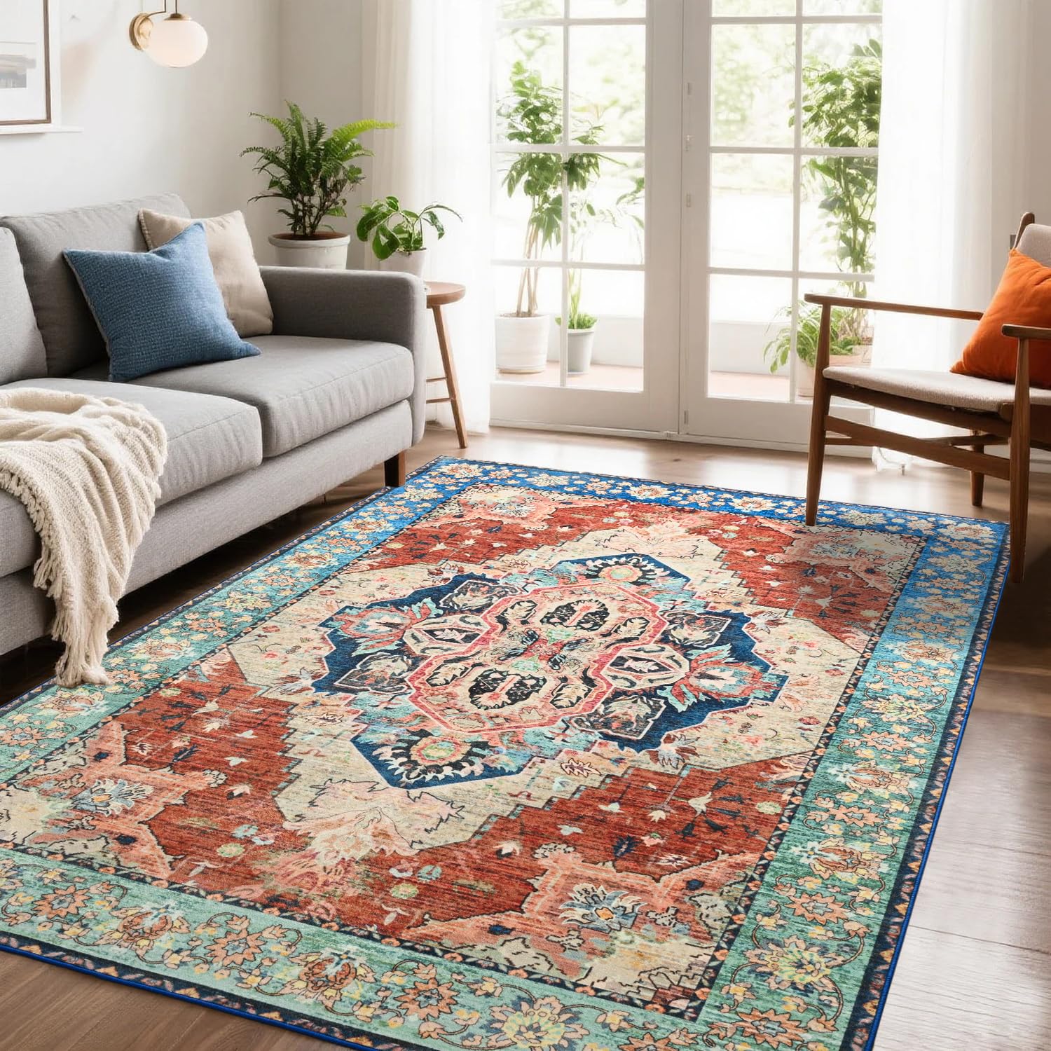 Photo 1 of Area Rugs 5x7, Low Pile Washable Rugs, Soft Vintage Distressed Rugs for Bedroom, Living Room, Dining Room, Water Repellent, Non Shedding, Terracotta