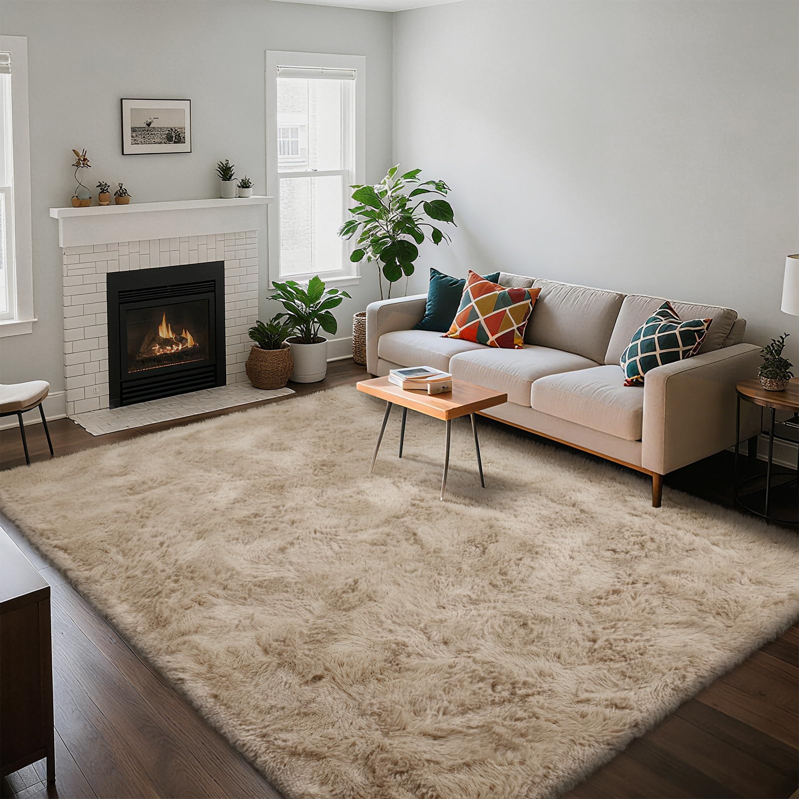 Photo 1 of yongyangjuxin Fluffy Rug Shaggy Area Rug, Beige 6x9 Area Rugs for Living Room, Large Shag Area Rugs for Bedroom Kids Room Home Decor, Upgrade Anti-Skid Rectangular Fuzzy Rugs