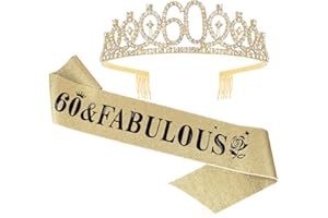 Casoty 60th Birthday Sash and Tiara for Women, Gold Crown 60 and Fabulous Sash & Crown Set, 60th Birthday Gifts for Women, 60th Birthday Decorations Women