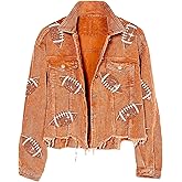 Xunger Women’s Football Corduroy Sequin Jacket Cropped Distresses Rugby Patched Shacket Coat