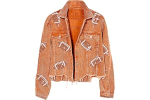 Xunger Women’s Football Corduroy Sequin Jacket Cropped Distresses Rugby Patched Shacket Coat
