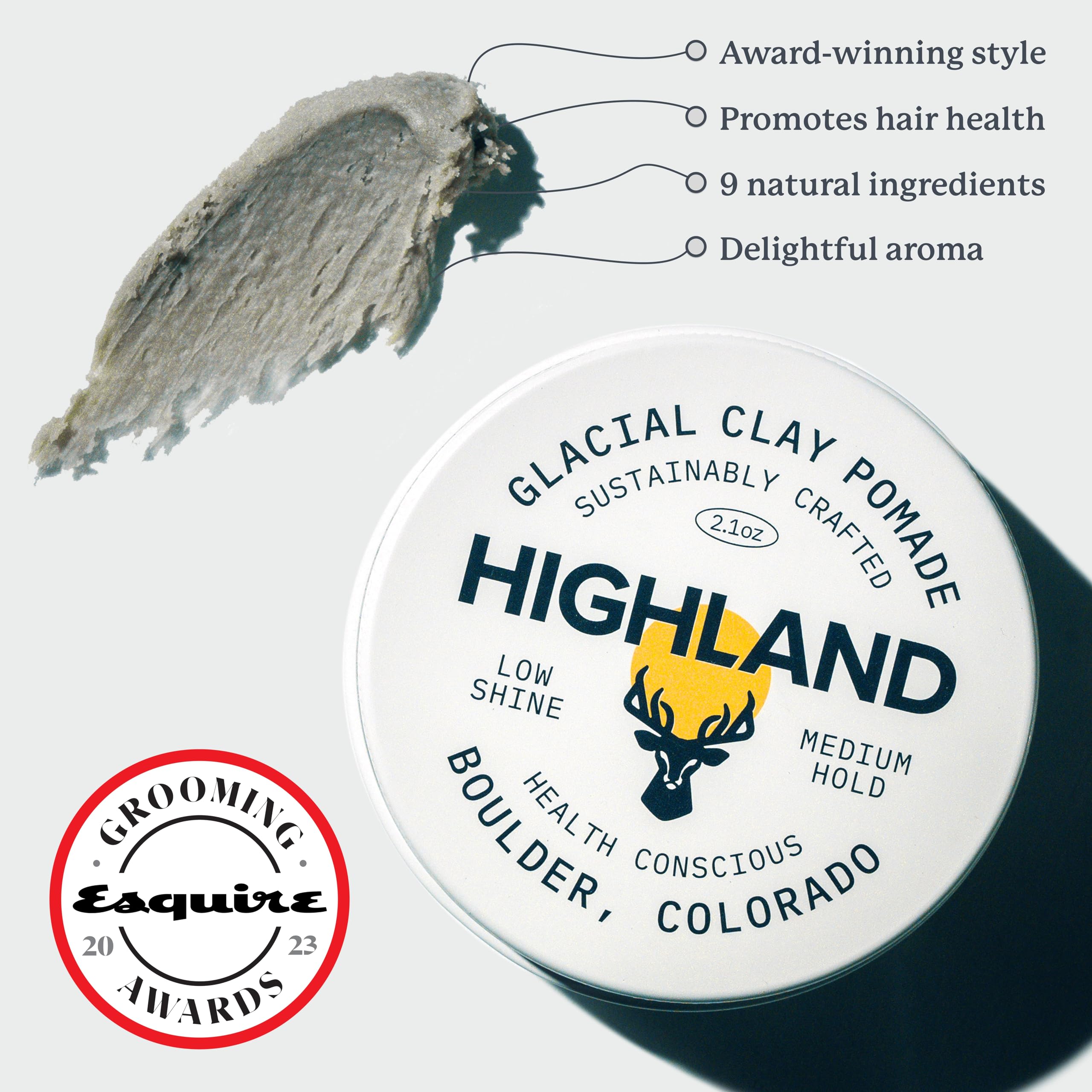 Highland Glacial Hair Clay Pomade - Award winning hair styling clay for men and women made with 100% all natural and organic ingredients that promote hair and scalp health. Low shine, Medium Hold.