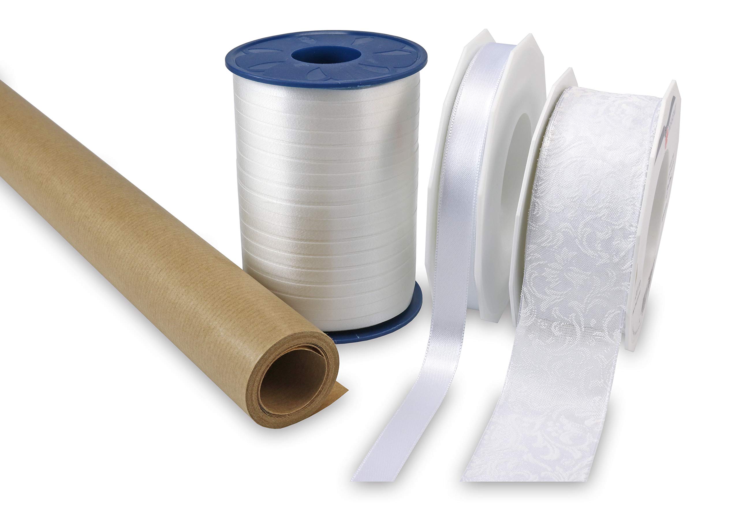 Präsent - Present-Set for Gifts & Crafts White Ribbon + Paper 4-Pieces Pack