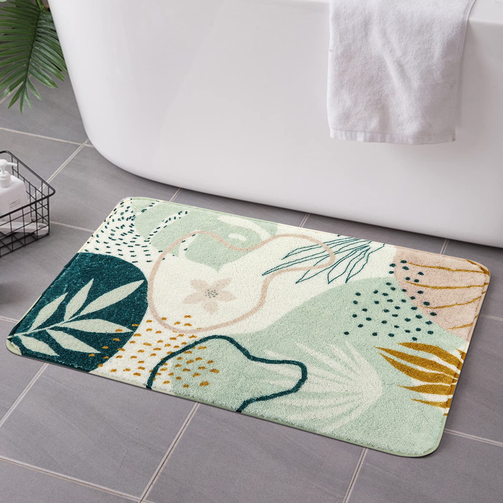 Photo 1 of Uphome Bathroom Rugs Modern Abstract Velvet Bath Mat Non-Slip Colorful Botanical Printed Bath Rug Soft Machine Washable Floor Mats Art Design for Bathroom Tub Shower,20''x31''