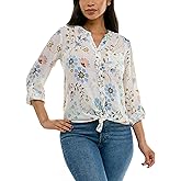 Zac & Rachel Women's Long Sleeve Linen-Like Button Up Shirt with Front Tie + Pocket, Poppy Red/Ceramic, XXL