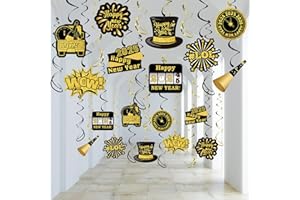 PARTYGARDEN 2025 Happy New Year Decor - 30 Pcs Black Gold Happy New Year Hanging Swirls Decorations 2025 New Years Eve Party Supplies