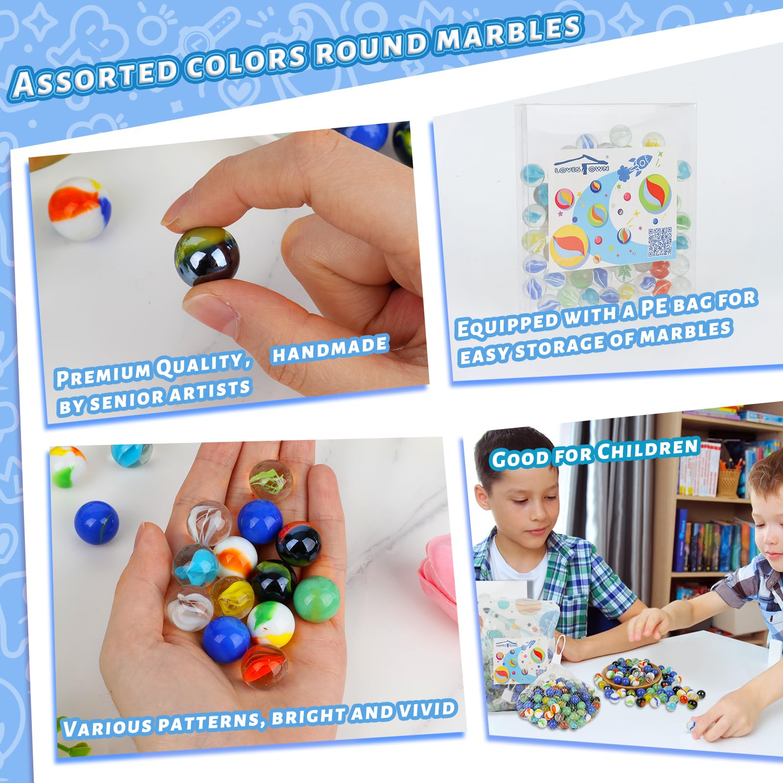 LovesTown 160PCS Glass Marbles Bulk, for Kids Marble Run Games, 5/8inch, Mixed Color