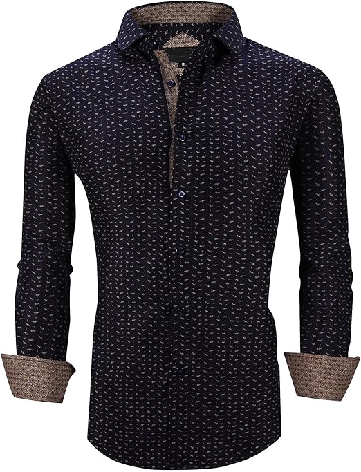 Damipow Mens Printed Dress Shirts Long Sleeve Regular Fit Wrinkle Free