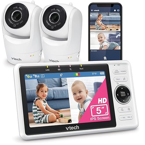 VTech 2-Cameras Smart WiFi Baby Monitor with 1080p FHD Camera and 5" HD IPS Screen, Free App with Motion Video, Sound/Motion Detection and Notifications, Split-Screen, Pan-Tilt-Zoom: VM901-2HD