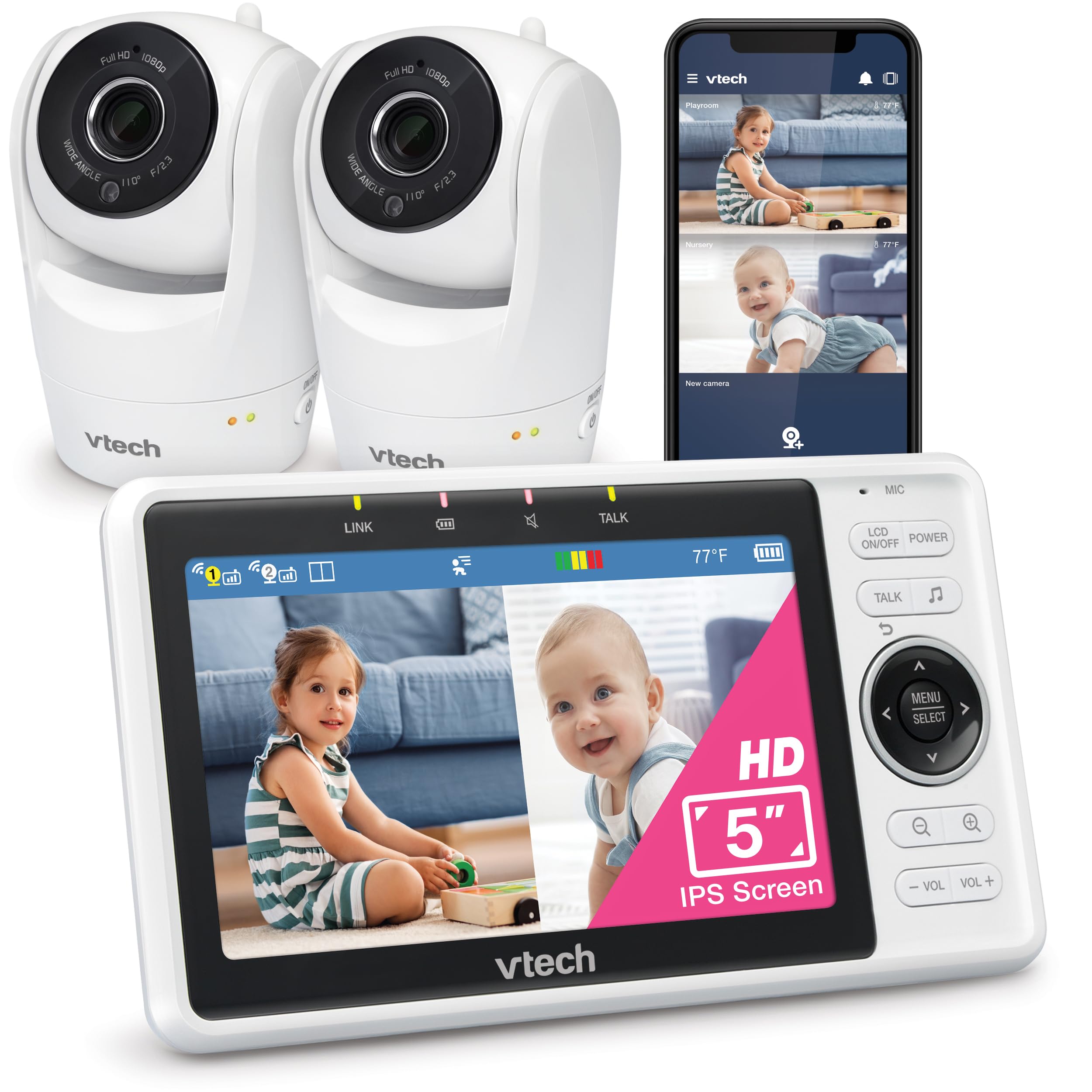 Photo 1 of ***USED/UNTESTED*** VTech 2-Cameras Smart WiFi Baby Monitor with 1080p FHD Camera and 5" HD IPS Screen, Free App with Motion Video, Sound/Motion Detection and Notifications, Split-Screen, Pan-Tilt-Zoom: VM901-2HD