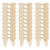 AIMUDI Champagne Bows for Gift Wrapping 3.5" Pre Tied Small Christmas Tree Bows Premade Twist Tie Bows for Treat Bags Small Bows for Crafts Wedding Holiday Decoration- 50 Counts