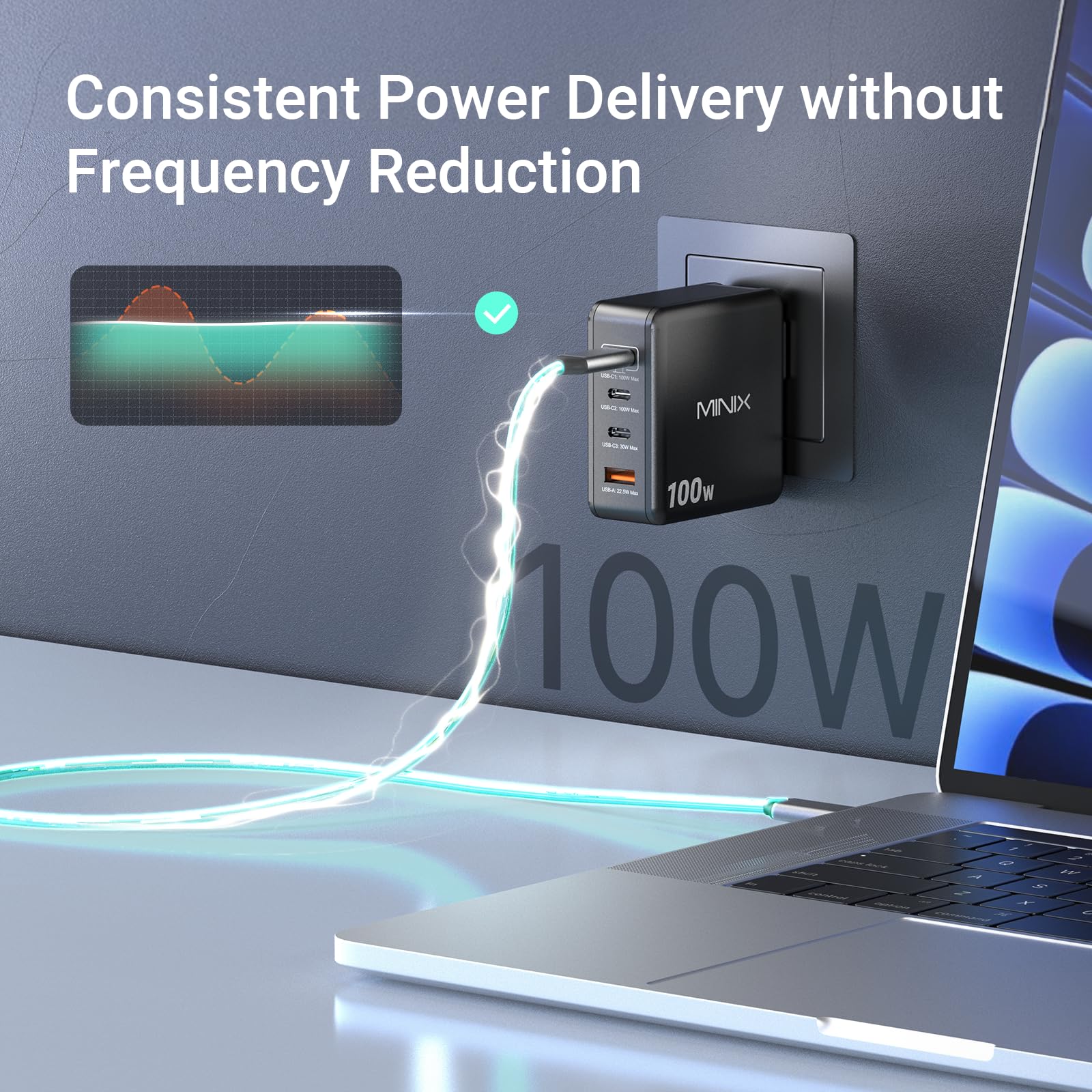 MINIX USB C ladegerät 100W, 4-Port USB-A/C Foldable Fast PPS Gan Charger (Max 100W/30W/22.5W), Compatible with MacBook Pro/Air, iPad, iPhone 15/16 Pro, Galaxy S24, and More for Home, Traveling 3