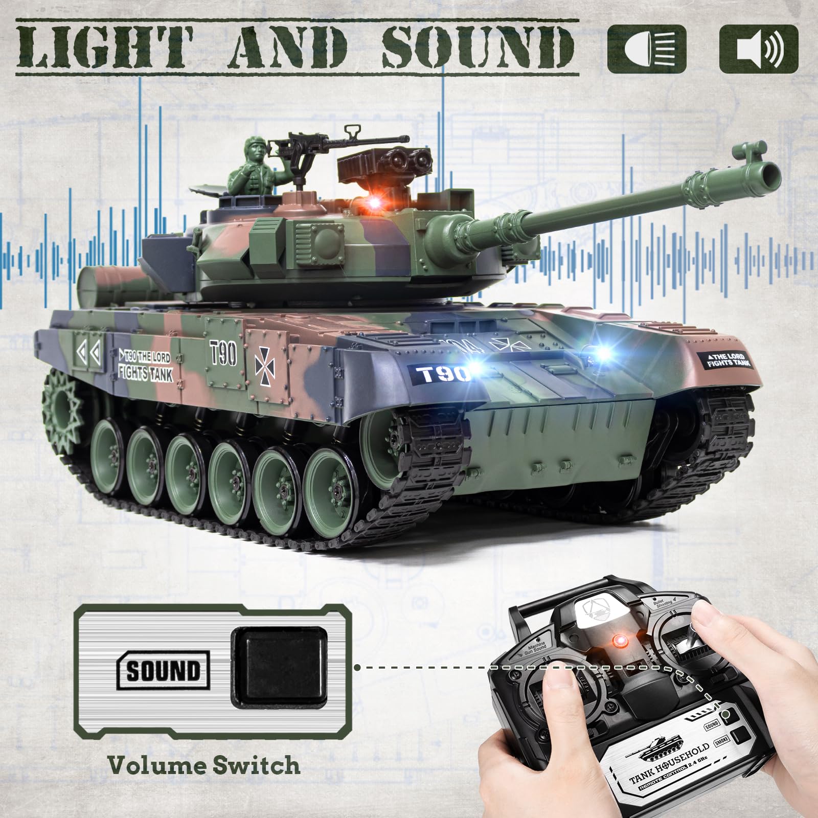 Supdex 1:18 RC Tank, 2.4Ghz RUS T-90 Remote Control Tank Model Toys, Battle Army with Smoke, Light Sound, Volume Switch, Military Toy for Adults and Kids That Shoots BBS, Water Bombs