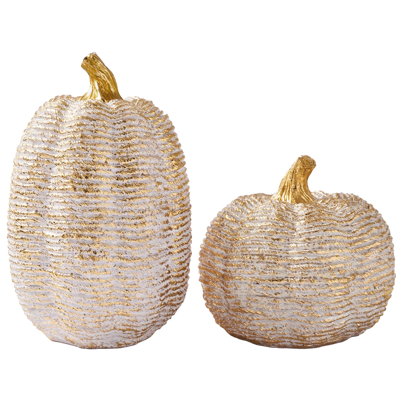 Photo 1 of DN DECONATION Fall Pumpkin Decorations Table Centerpieces, 2Pcs White & Gold Artificial Pumpkins Figurines for Autumn Thanksgiving Harvest Indoor Home Decor (Resin with Rope-Wrapped Texture)