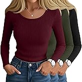 Ficerd 3 Pack Women's Ribbed Long Sleeve Tops Scoop Neck Slim Fit Shirts Cotton Casual Fall Going Out Basic Tee