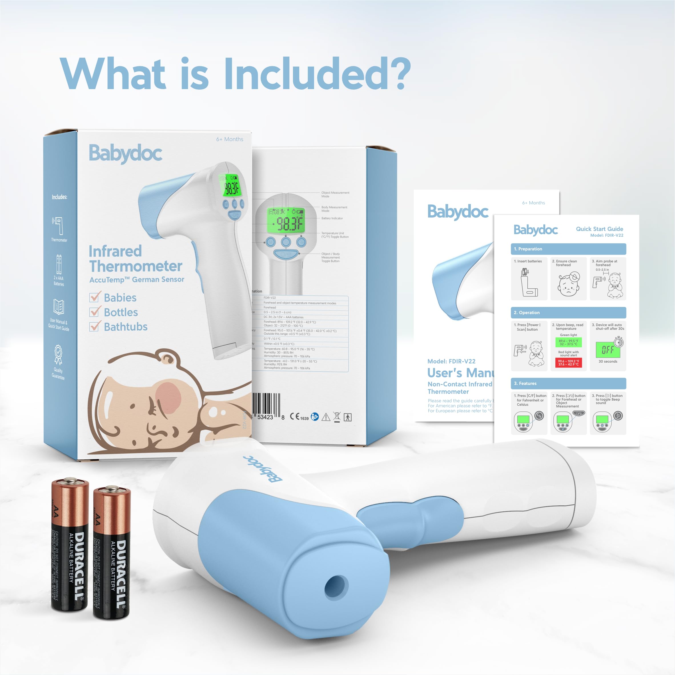 Babydoc Medical Grade FSA-HSA Eligible Baby Thermometer for Kids, AccuTemp German Sensor, 3-in-1 Safe Non-Contact Infrared Forehead Thermometer, Object Mode for Milk or Bathwater, Infants, Children