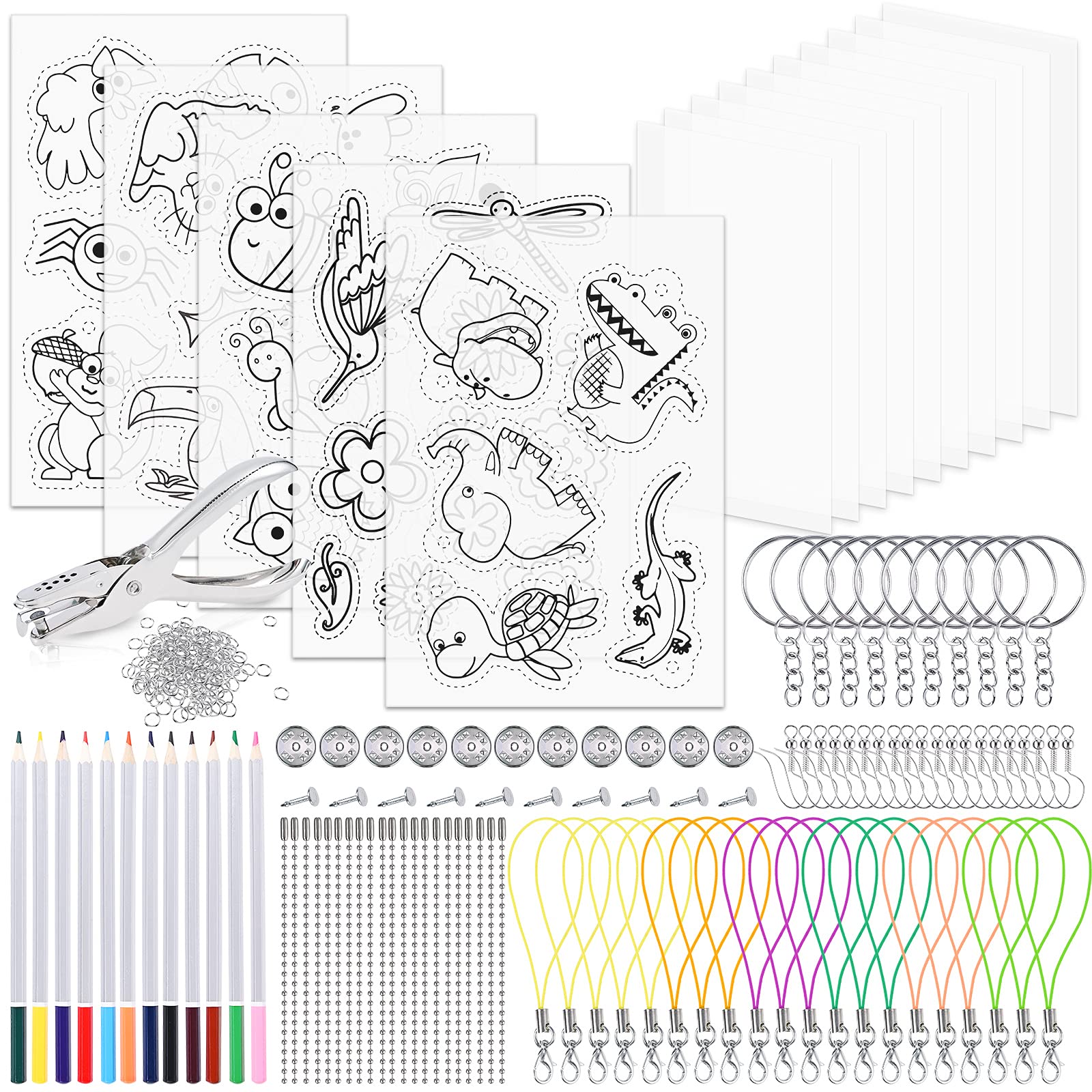 Shrink Film Set 218 Pieces DIY Craft Set with A4 Translucent Shrink Film Sheets A5 Colouring Shrink Film Plates Colouring Pencils Key Ring Hole Punch for DIY Gift Decorations