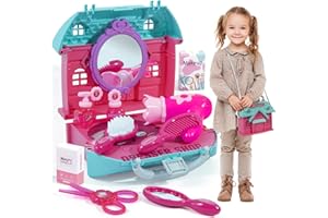 Seppacio 14Pcs Portable Salon Set, Pretend Play Doll Hair Stylist Toy Kit with Hairdryer, Mirror, Toy Scissors, Hair Conditioner & Fun Accessories for Kids, Pretend Makeup Vanity Toys for Girls Gift