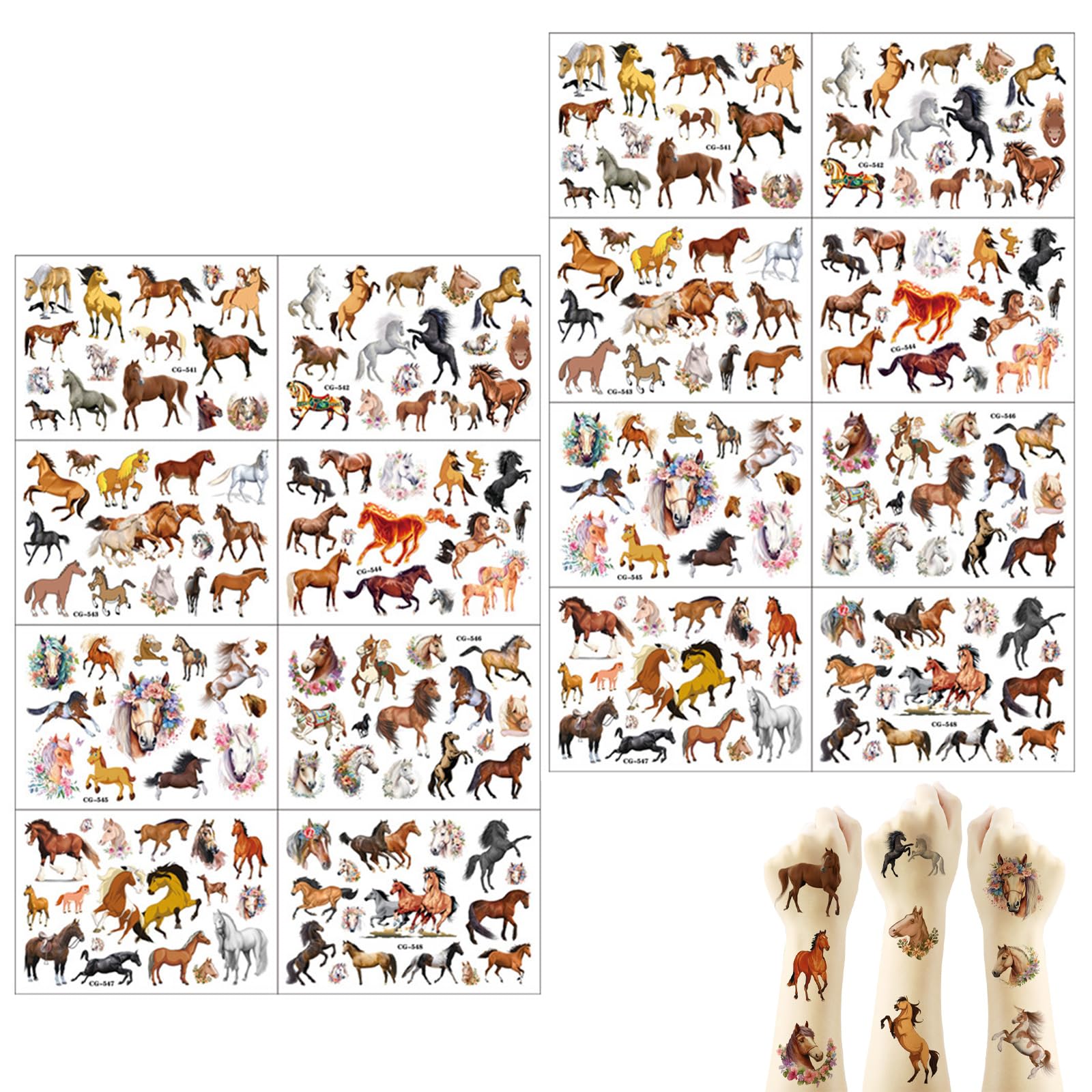 16 Sheets Horses Tattoos for Kids, Cartoon Horse Temporary Tattoo Stickers for Themed Party Supplies Decoration Favors, Children Tattoos for Kids Boys Girls