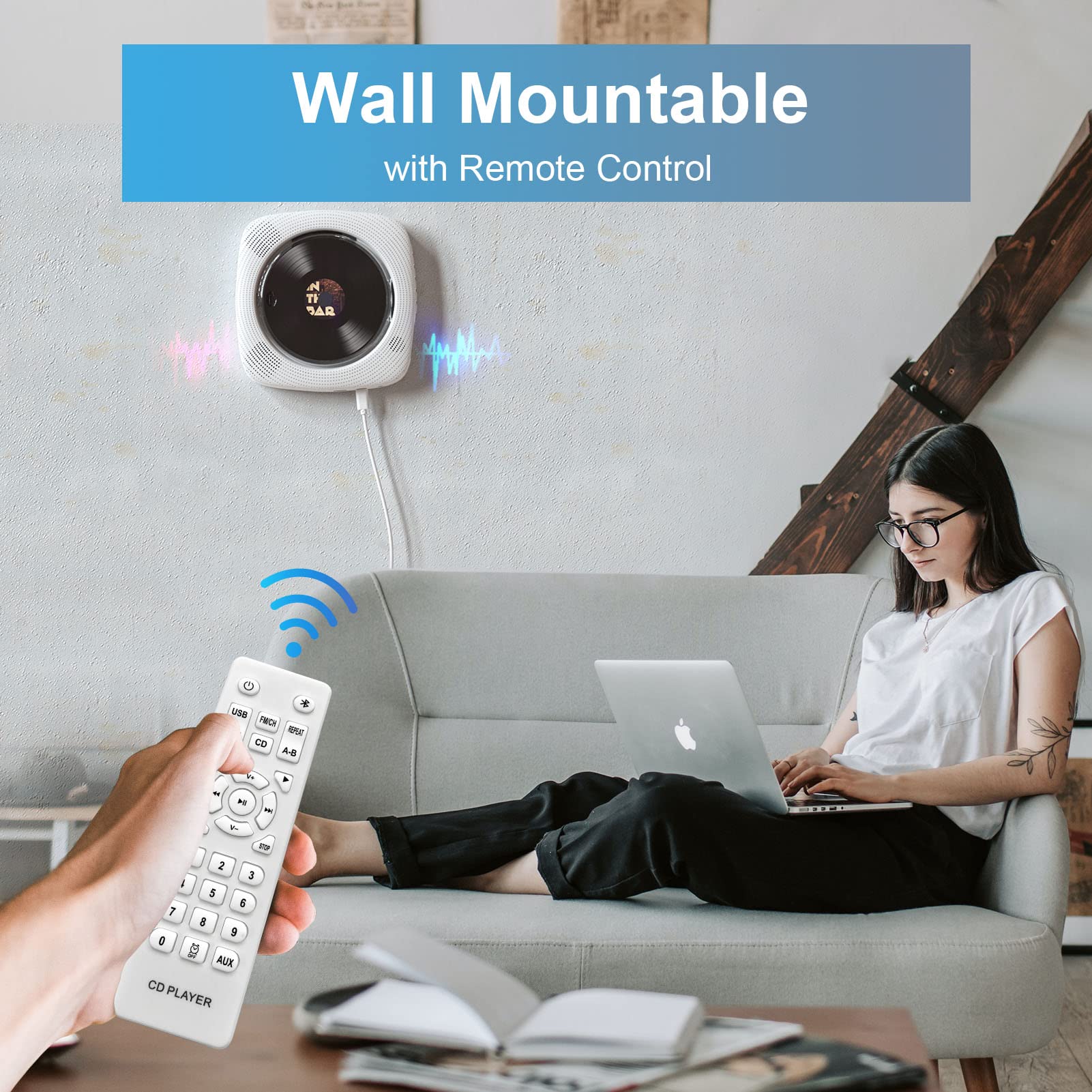 CD Players for Home, Portable CD Player with Speakers, FM Radio, Remote Control, AUX Port, USB Read, Compatible Formats, Wired Powered, Desktop and Wall Mounted, White, Gift