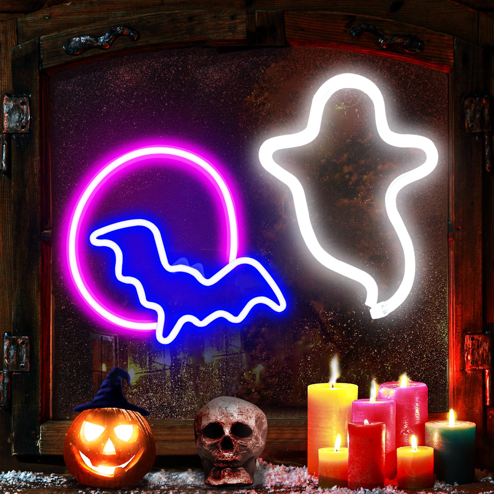 Photo 1 of 2 Pack Halloween Decoration LEDs Neon Sign Light Ghost, Bat and Moon Lights Hanging for Halloween Party Decorations Indoor Home Window Decorations (Batteries not Included)