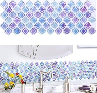 Amazon Vancore モザイクタイルシール 4枚 キッチン 洗面所 タイルシール 3d 防水 はがせる タイルシート リメイクシート 耐熱 紫 タイル
