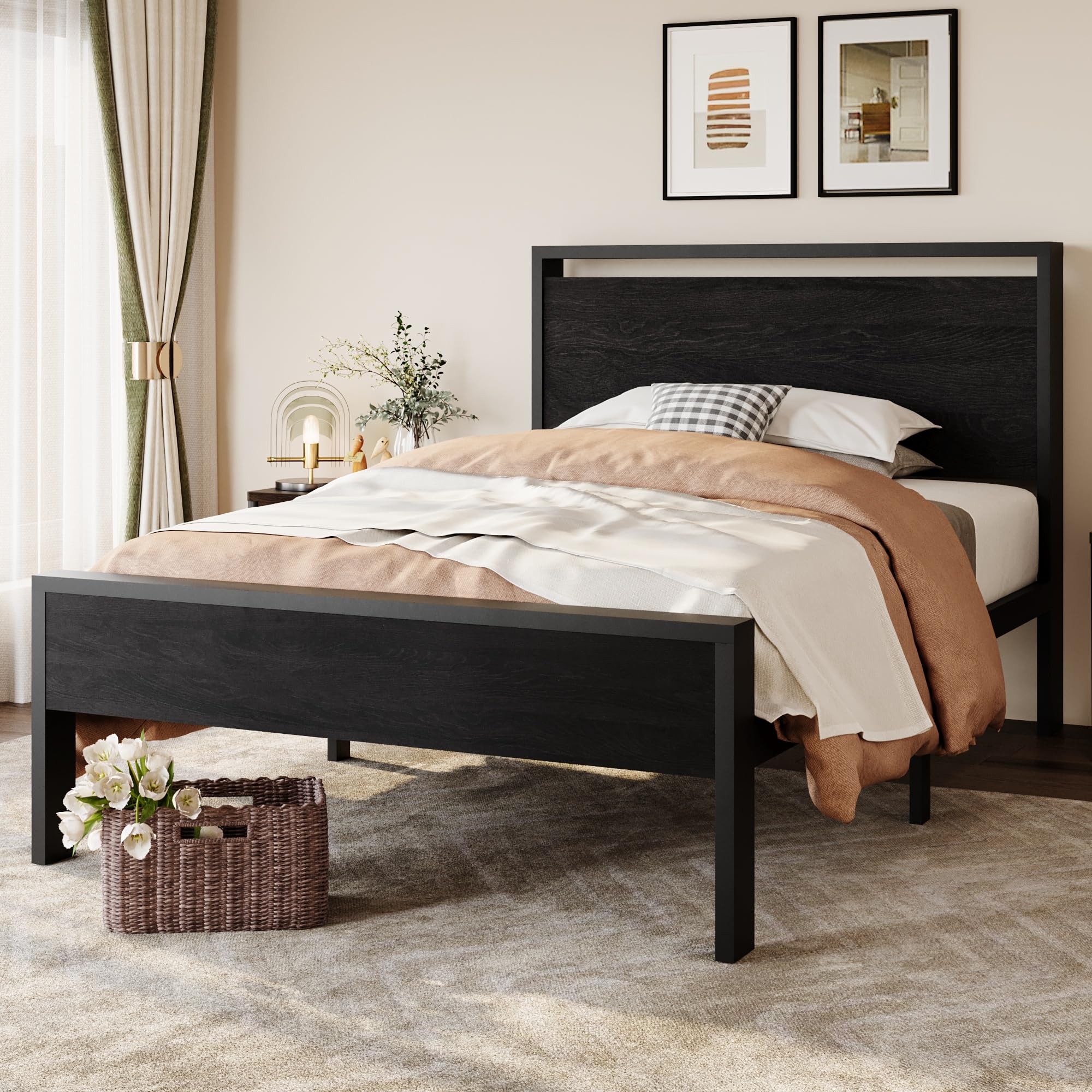 SHA CERLIN 14 Inch Twin Size Metal Platform Bed Frame with Wooden Headboard and Footboard, Mattress Foundation, No Box Spring Needed, Large Under Bed Storage, Heavy Duty Slats Support, Black Oak Image SHA CERLIN 14 Inch Twin Size Metal Platform Bed Frame with Wooden Headboard and Footboard, Mattress Foundation, No Box Spring Needed, Large Under Bed Storage, Heavy Duty Slats Support, Black Oak Image
