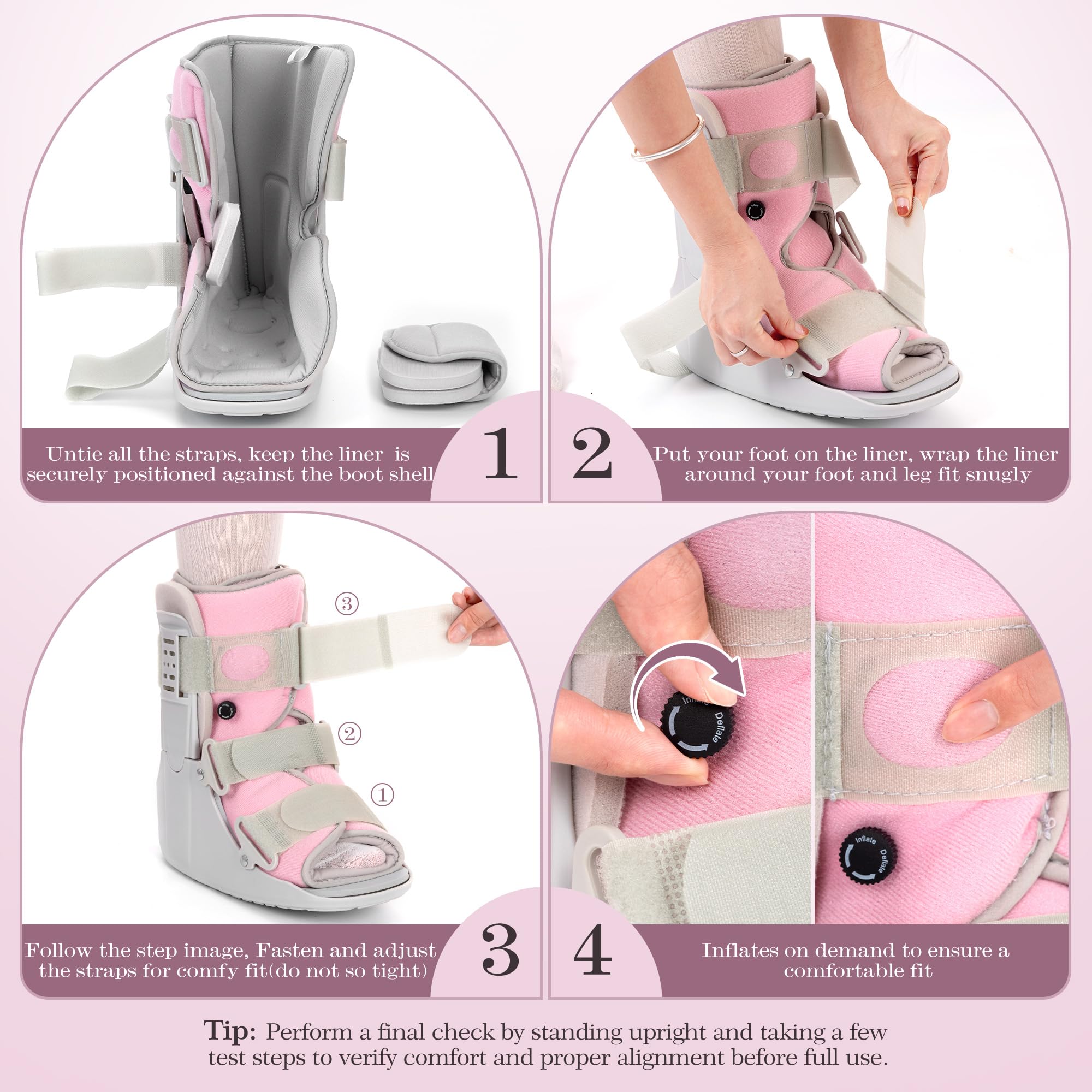 Walking Boot for Broken Foot, Air Cam Walker Boot for Foot Injury Adjustable Fracture Support for Sprained Ankle, Grey Shell with Light Pink Lining for Women Medium