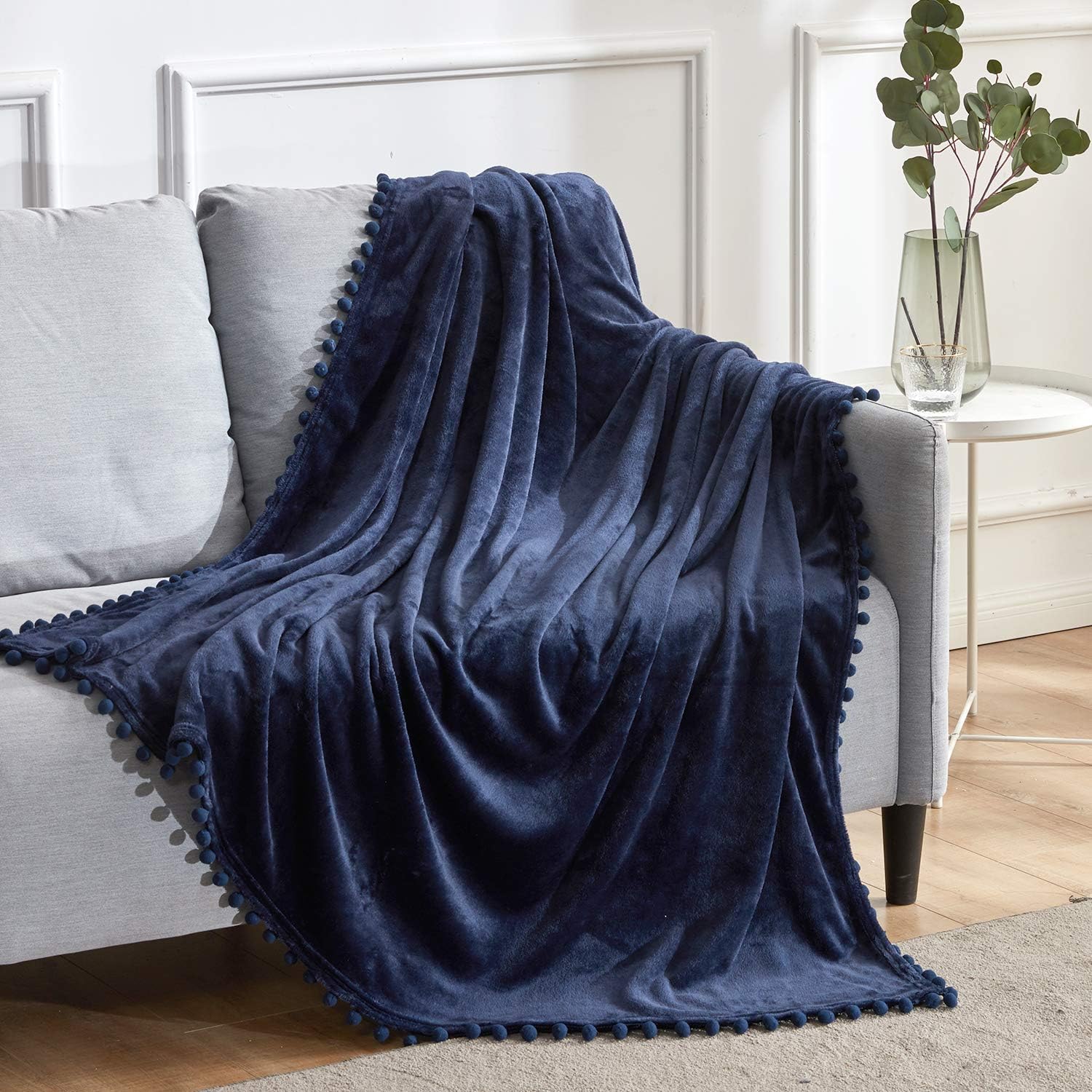 BEAUTEX Fleece Throw Blanket with Pompom Fringe, Navyblue Flannel Blankets and Throws for Couch, Super Soft Cozy Lightweight Plush Throw Blanket (50" x 60"): Kitchen & Dining