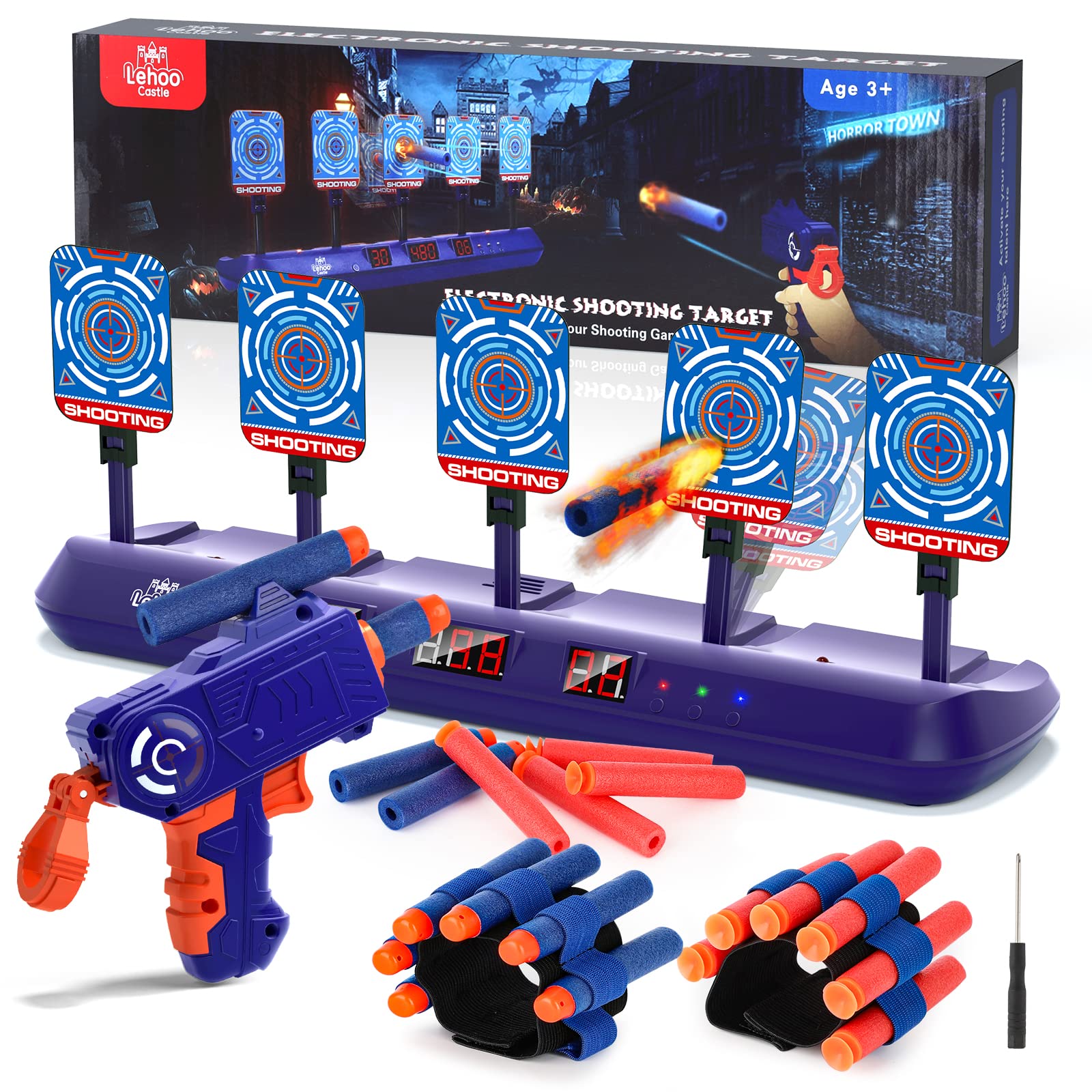 Lehoo Castle Nerf Target, Toys for 6 Year Old Boy, 5 Nerf Shooting Targets, Electronic Digital Auto Nerf Gun Target with Bullets Wrist Band for Boys Girls (Blue)