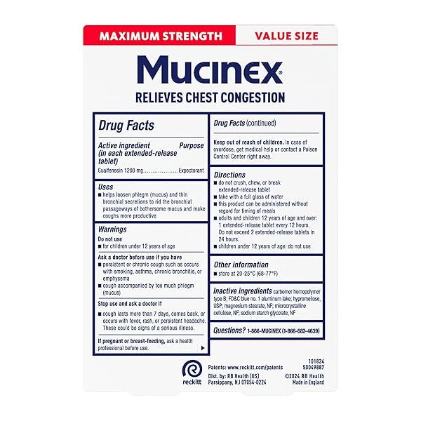 MUCINEX 12 HOUR MAXIMUM STRENGTH 1200 MG GUAIFENESIN EXTENDED-RELEASE TABLETS FOR EXCESS MUCUS RELIEF, EXPECTORANT AIDS EXCESS MUCUS REMOVAL, CHEST CONGESTION RELIEF, 28 TABLETS