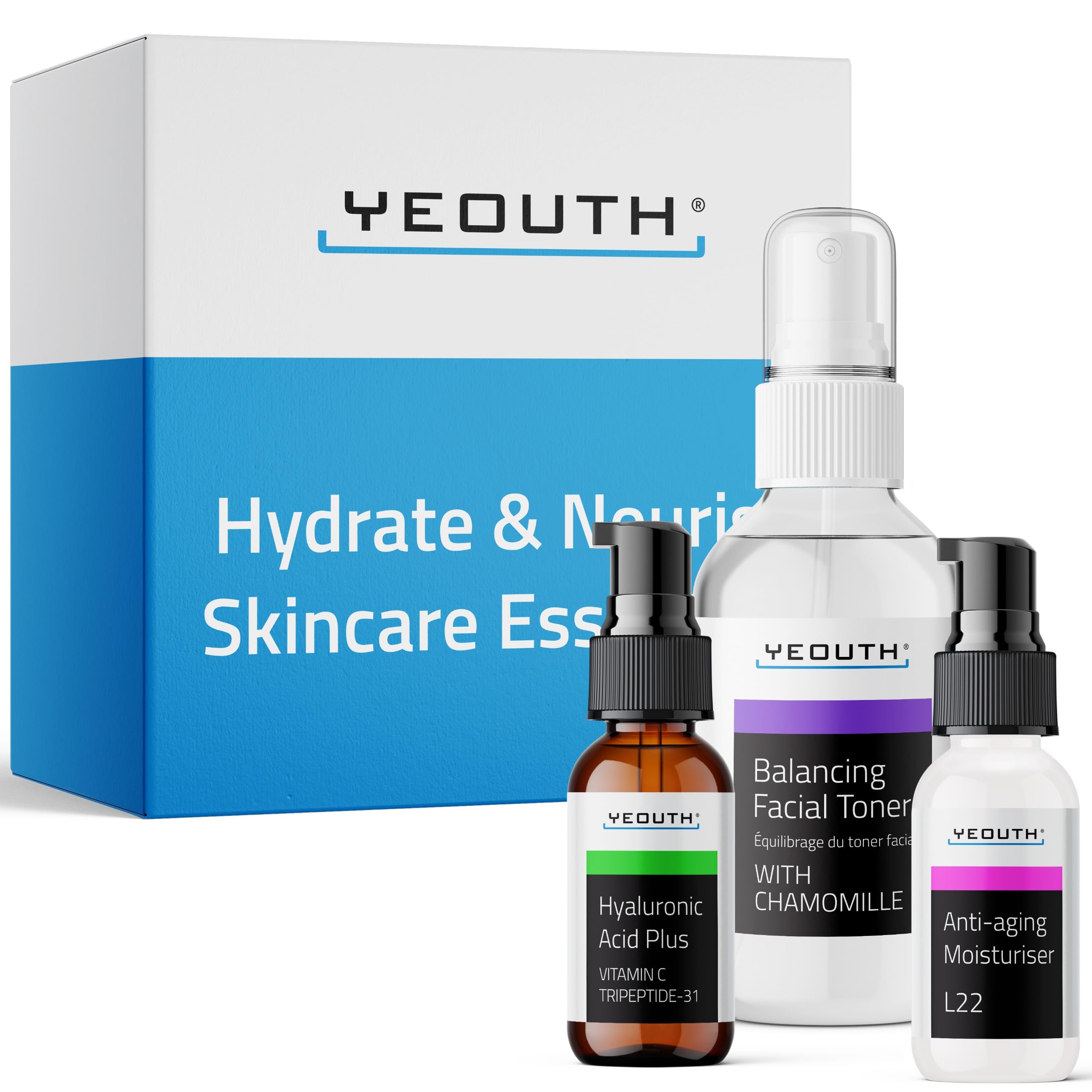 YEOUTH Valentines Day Gifts Skin Care Set: Hyaluronic Acid Serum with Vitamin C, Face Toner, Face Moisturizer, Skincare Gift Set for Hydrating and Smooth Looking Skin, Self Care 3-Piece