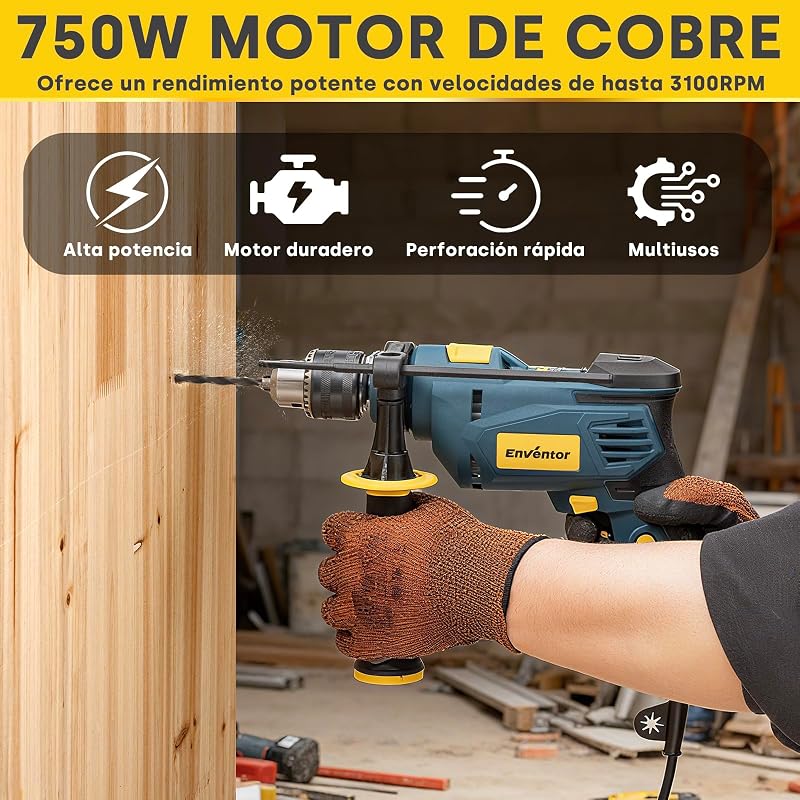 Taladro Percutor con Cable 750W, Mango Auxiliar de 360°