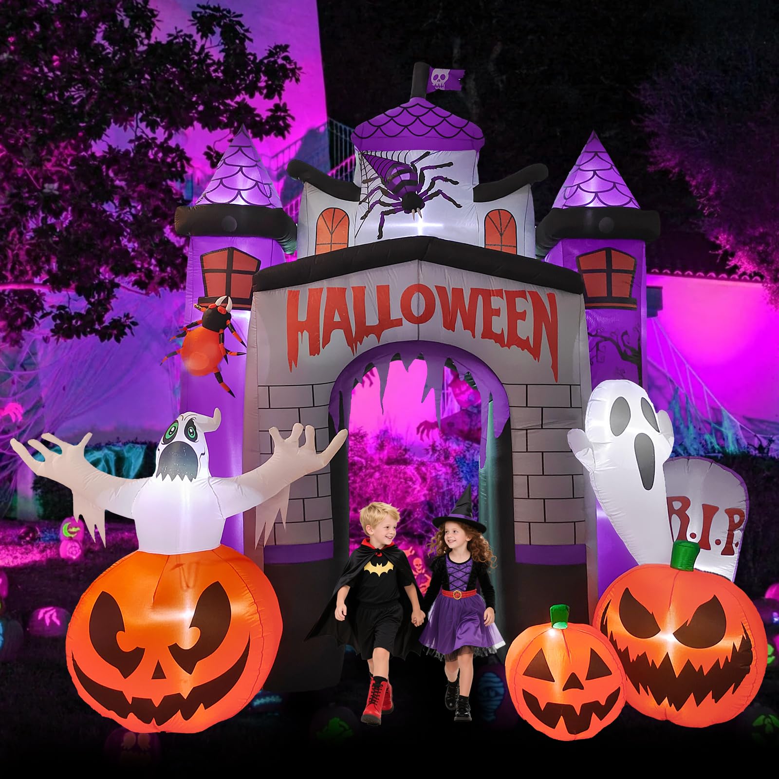 Photo 1 of 12FT Halloween Inflatables Castle Arched Haunted House: Blow Up Inflatable Outdoor Decorations for Lawn Garden Decor