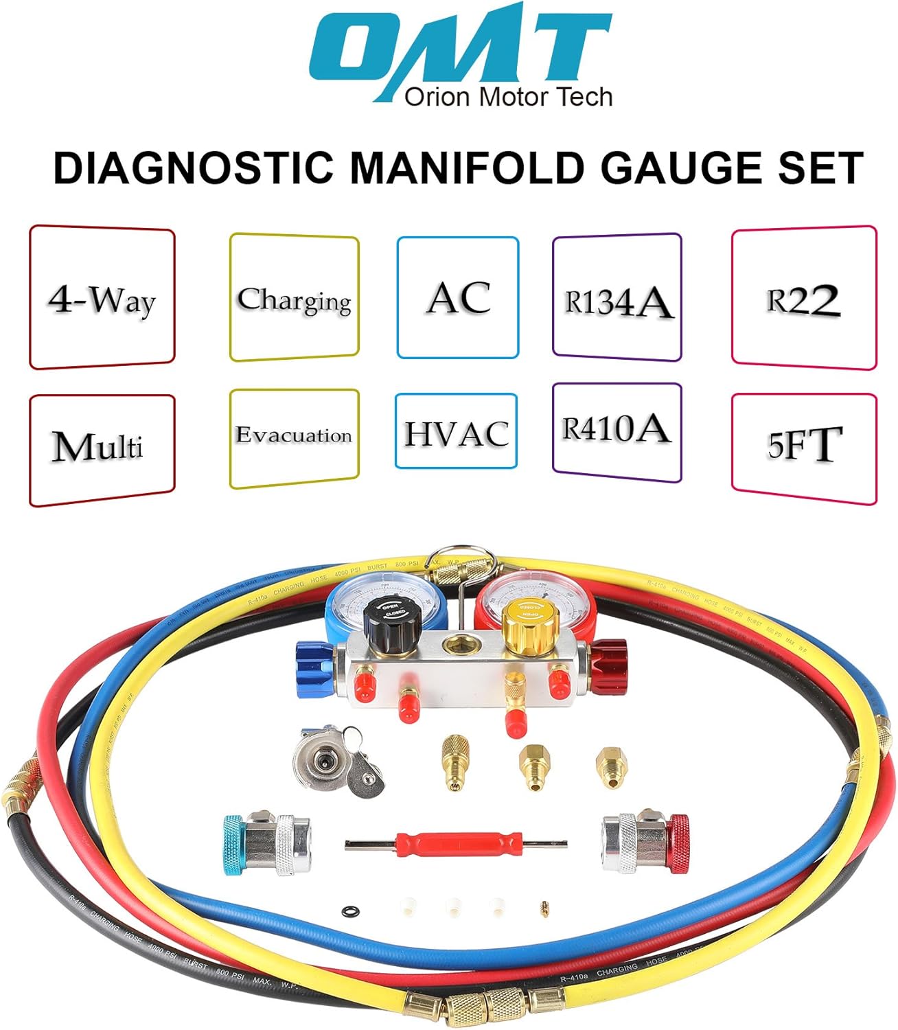 4 Way AC Diagnostic Manifold Gauge Set, Fits R134A R410A and R22 Refrigerants, with 5FT Hose, 3 ACME Tank Adapters, Adjustable Couplers and Can Tap: Automotive