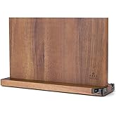 ENOKING 15.2" Extra Large Magnetic Knife Block with Dual Sharpeners, Acacia Wood Knife Holder & Display Stand with Strong Magnets