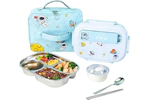 Asaloy Lunch Box for Kids Set with Thermal Bag and Cutlery,4-Compartment 1550ML 316 Stainless Steel Bento Box, Leak-Proof, Mi