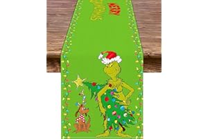 PUDODO Christmas Table Runner Merry Christmas Whoville Winter Holiday Party Kitchen Fireplace Dining Room Home Decoration (Green, 13" x 72")
