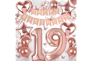 VBEOLLOV Rose Gold 19th Birthday Decorations for Woman, 19 Year Old Sign With Happy Banner, 40In Number 19 Foil Balloons, Butterfly Decorations, Heart and Star Balloons