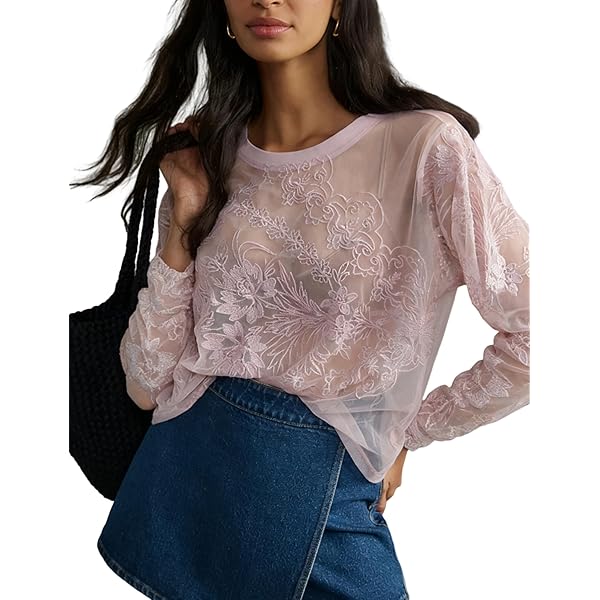 OPCAKM Lace Tops for Women Sexy Short Sleeve Mesh Tops Embroidered