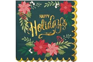 WRAPAHOLIC 50Pcs Christmas Napkins - Poinsettia with "HAPPY Holidays" 3-Ply Disposable Cocktail Napkin for Christmas Party Su