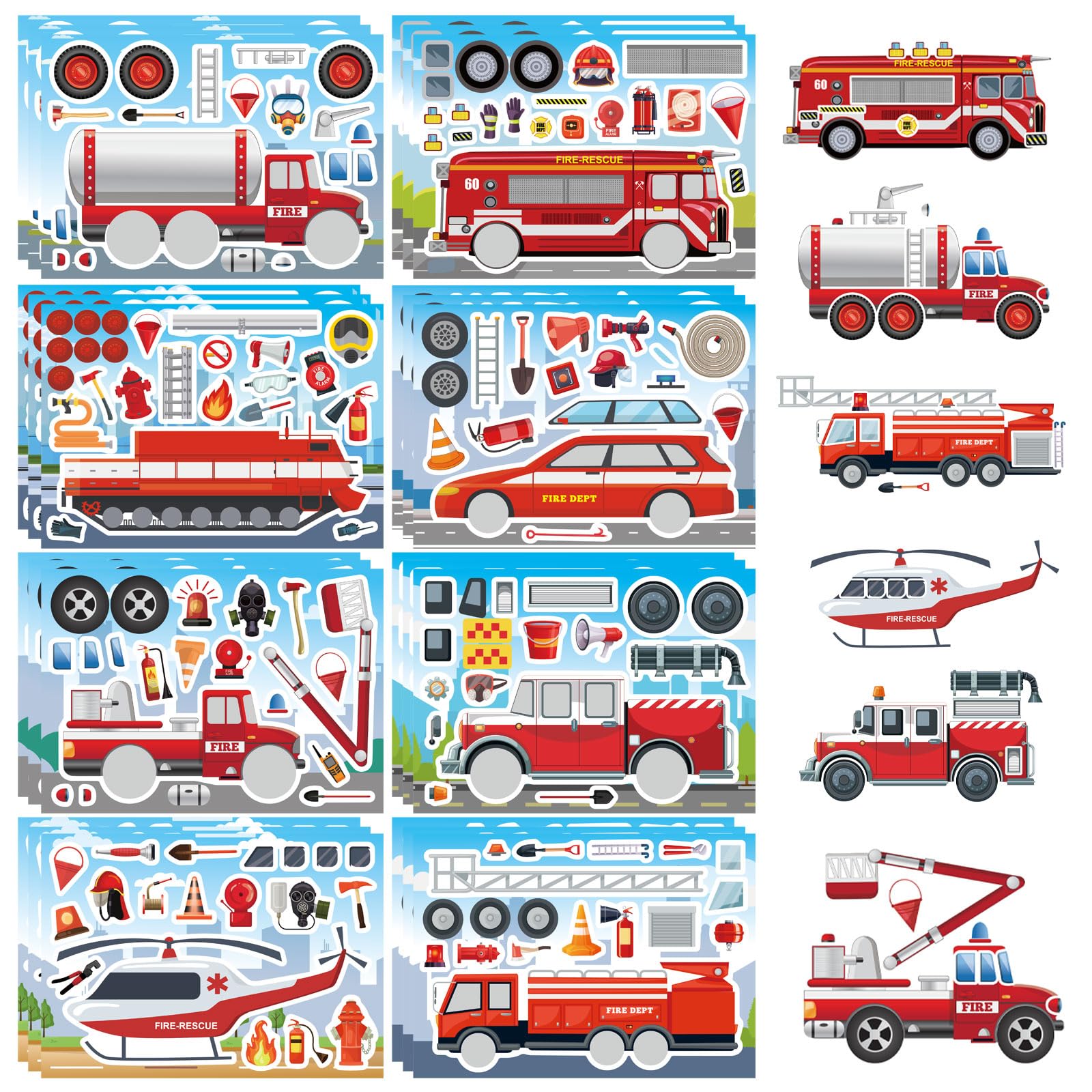 Photo 1 of 24 Sheets Truck Stickers for Kids, Make a face Sticker, Make Your Own Fire Truck Stickers with 8 Designs Fire Themed Truck for Kindergarten Birthday Gift Classroom Fire Party Favors