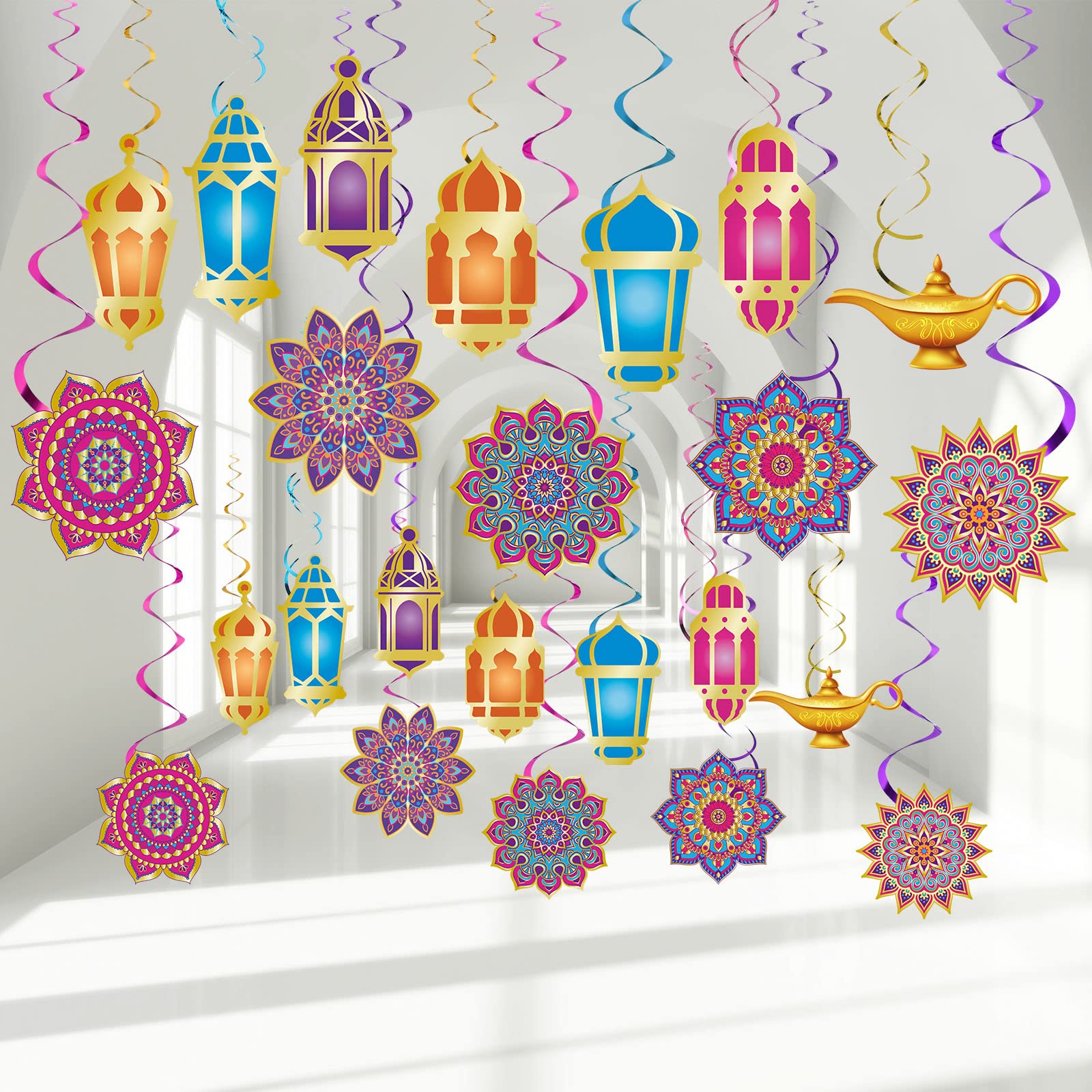 Photo 1 of Zonon 52 Pcs Ramadan Mubarak Decorations Arabian Nights Party Decoration Eid Mubarak Hanging Swirls Ceiling Foil Party Decor for Indian Moroccan Princess Birthday Supplies